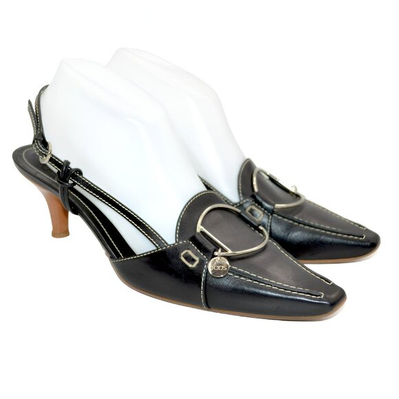 TOD'S Black Structured Minimalist Silver Metal Leather Slingback Kitten Heels 9 - Picture 1 of 15